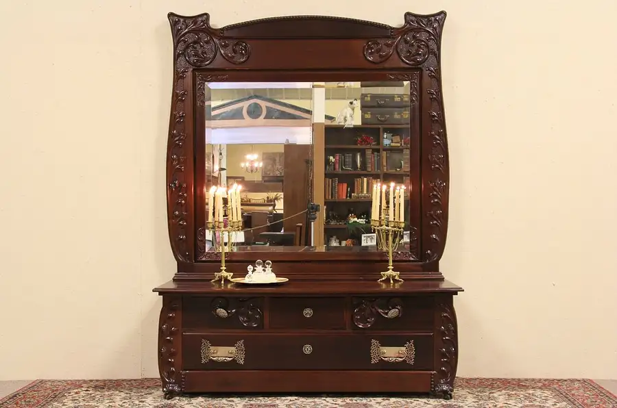 Main image of Carved Mahogany 1901 Antique Dresser or Entry Mirror