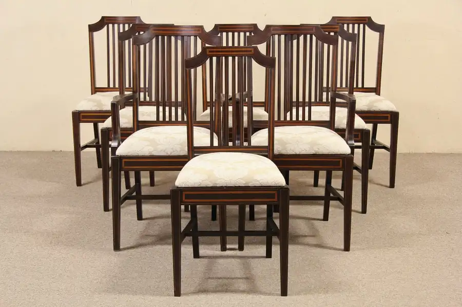 Main image of Set of 8 Antique 1900 Hepplewhite Inlaid Dining Chairs