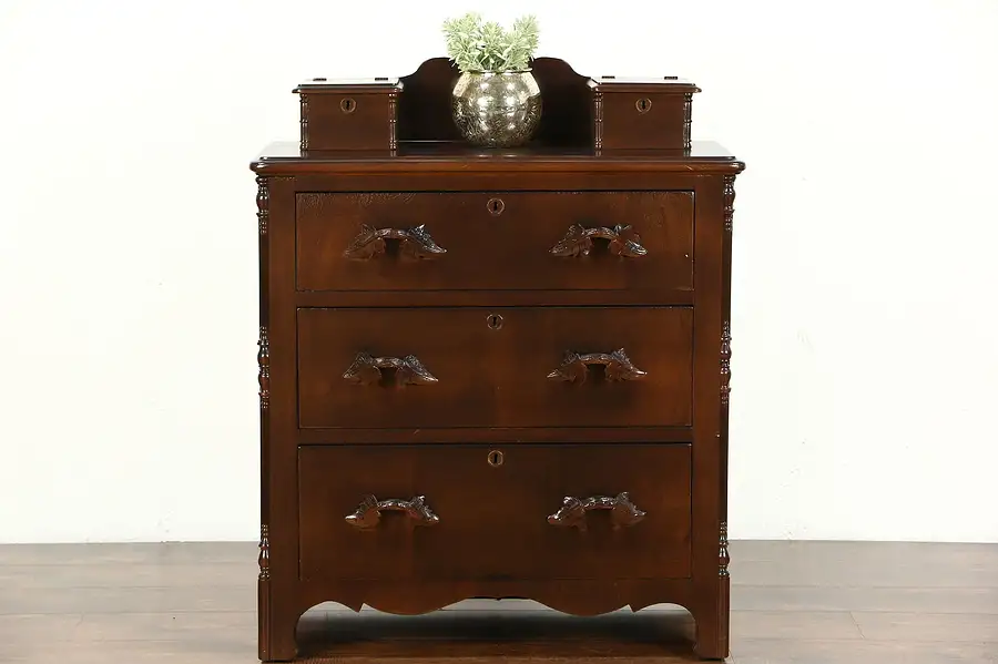 Main image of Victorian 1860's Antique Walnut Chest or Dresser, Jewelry Boxes, Carved Pulls