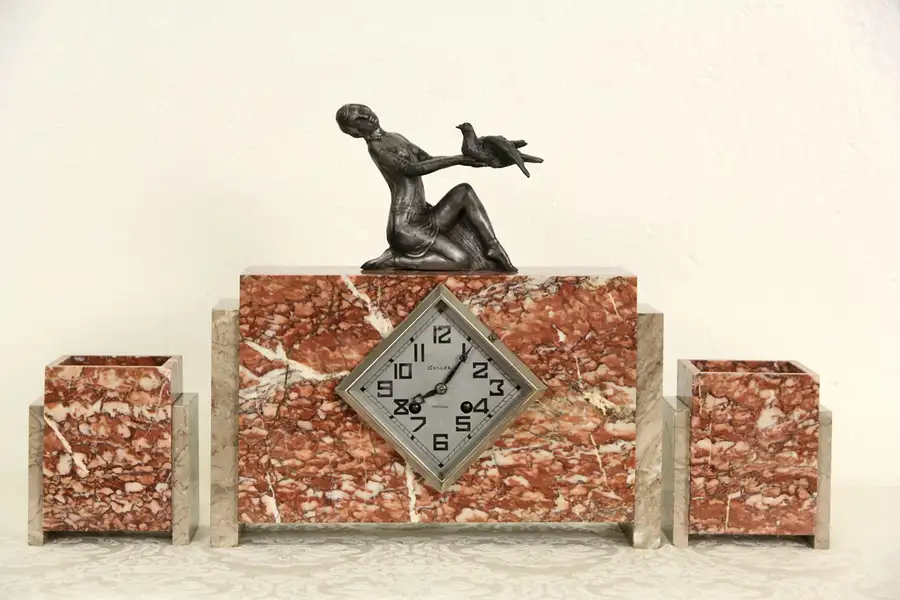 Main image of French Art Deco 1920 Antique Signed Red Marble Mantel Clock Set Statue & Bird