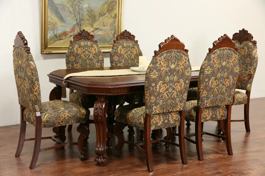 Main image of Renaissance 1920's Carved Dining Set, Table, 6 Chairs