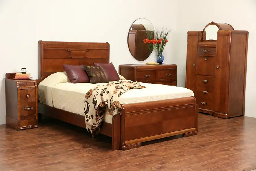 Main image of Art Deco Waterfall 1935 Queen Size 4 Pc. Bedroom Set, Cedar Chifferobe