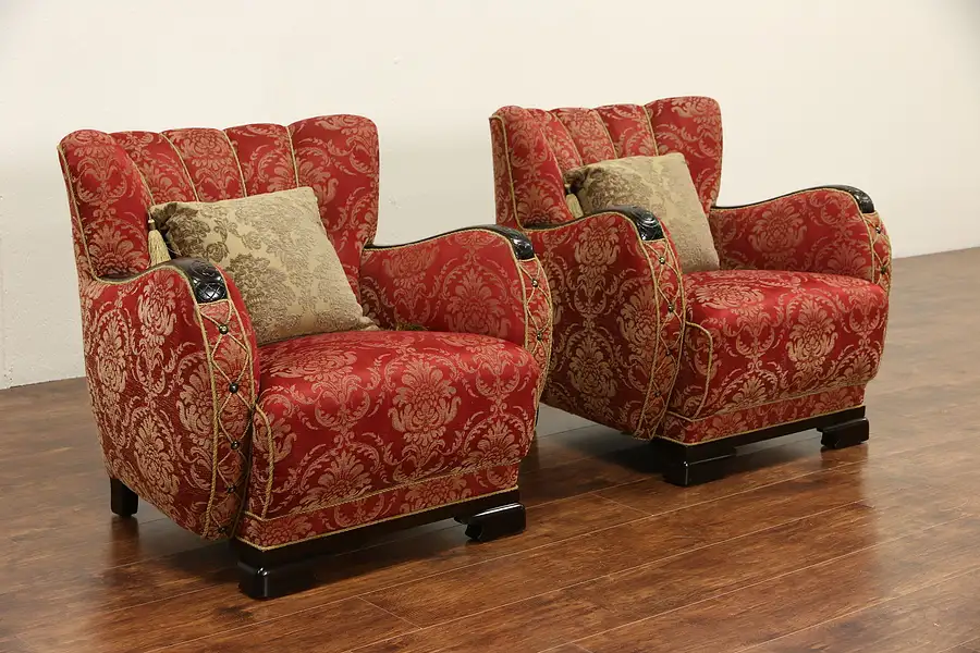 Main image of Hand Carved 1940 Vintage Scandinavian Pair of Chairs, Recent Red Upholstery