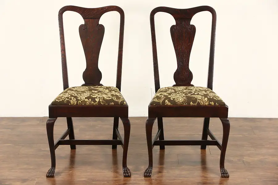 Main image of Pair of Oak 1900 Antique Side Chairs, Paw Feet, New Upholstery