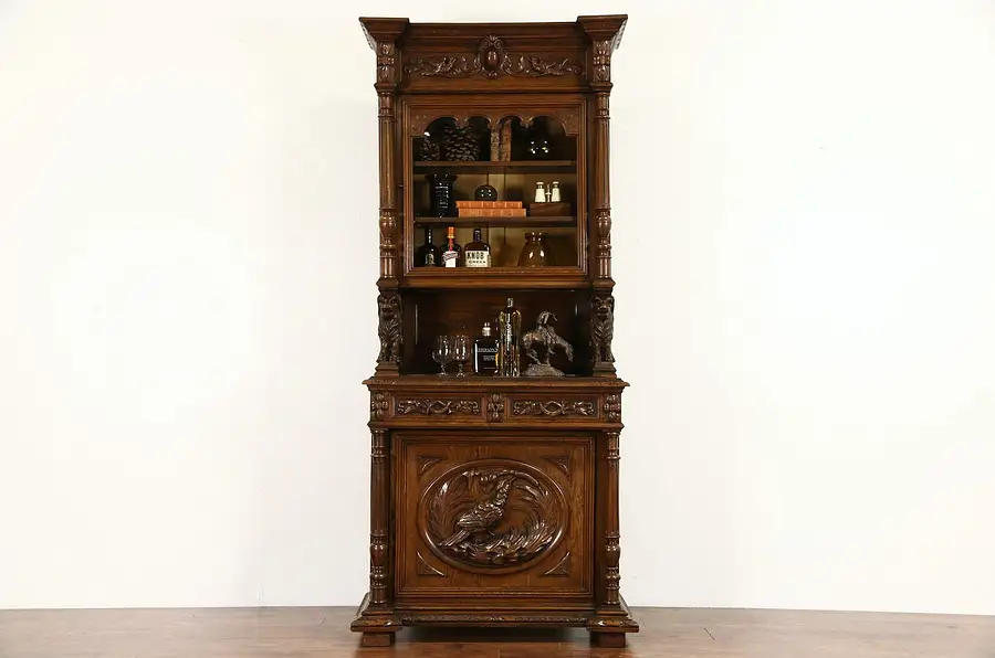 Main image of Oak 1880's Black Forest Cabinet, Carved Lions, Birds & Grapevine, Beveled Glass