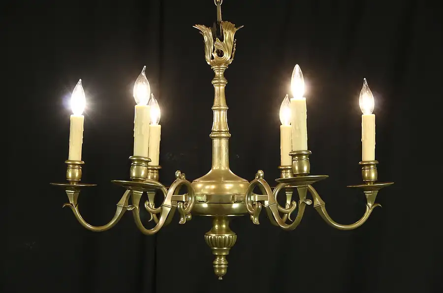 Main image of Patinated Brass 1920's Antique 6 Candle Chandelier