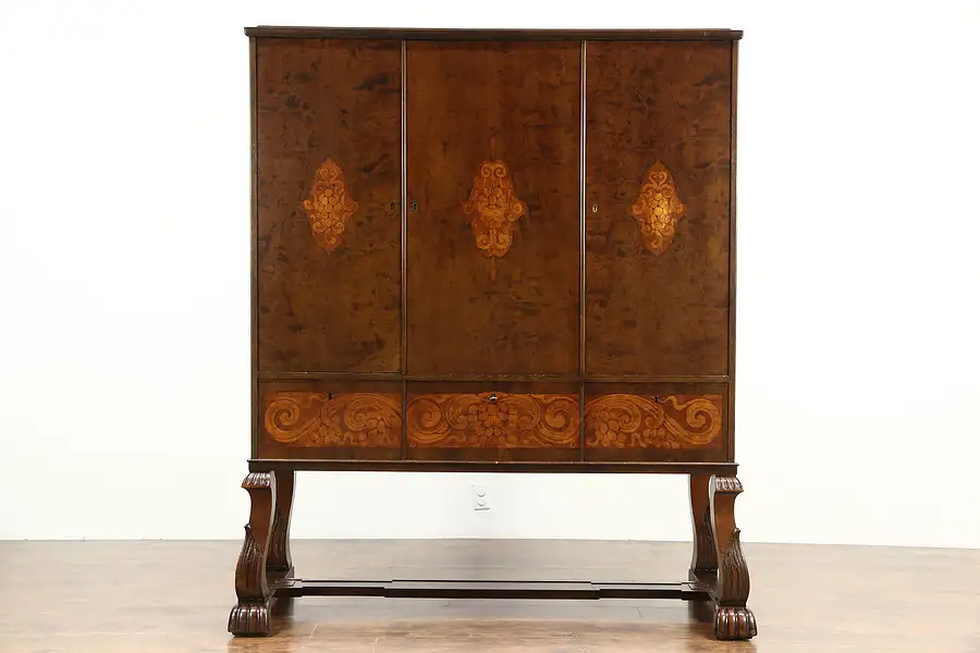 Main image of Carved 1910 Antique China, Bar or Library Cabinet with Marquetry