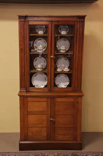 Main image of Oak Antique Pharmacy Cabinet Cupboard, Glass Doors