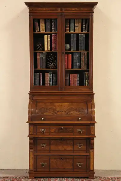 Main image of Eastlake 1875 Antique Cylinder Roll Top Secretary Desk & Bookcase