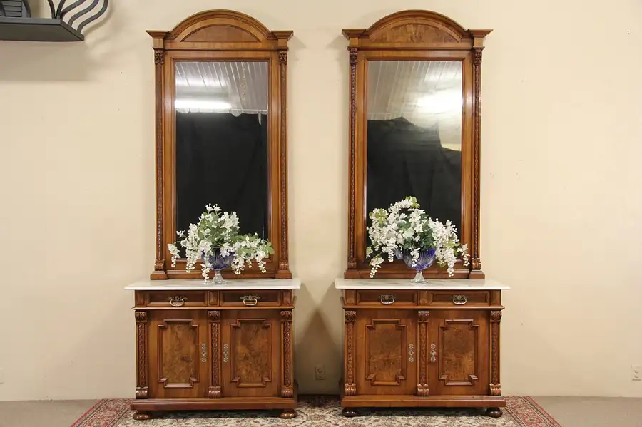 Main image of Pair of Austrian 1890 Antique Console Cabinets with Marble Tops & Mirrors, 9' 8"