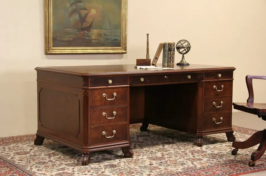 Main image of Executive Library or Office Desk, 1930's Carved Walnut & Burl, Signed Doten Dunt