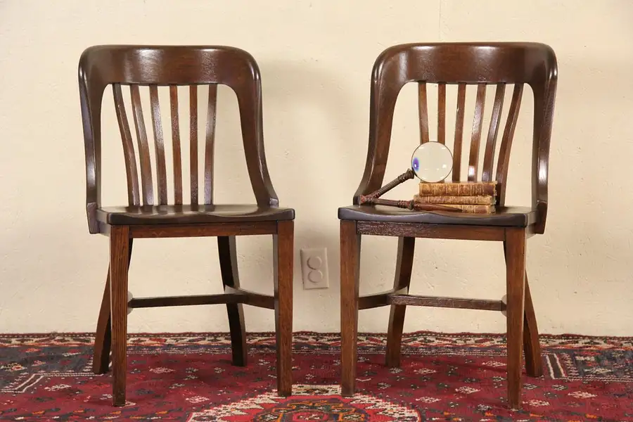 Main image of Pair of Oak 1910 Antique Banker Side Chairs, Marble Chair Co Bedford, OH