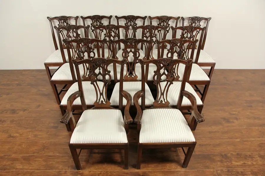 Main image of Set of 14 New Georgian Chippendale Carved and Pierced Mahogany Dining Chairs