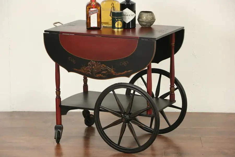 Main image of Chinese Style Hand Painted Lacquer 1920's Tea Cart, Dessert or Beverage Trolley