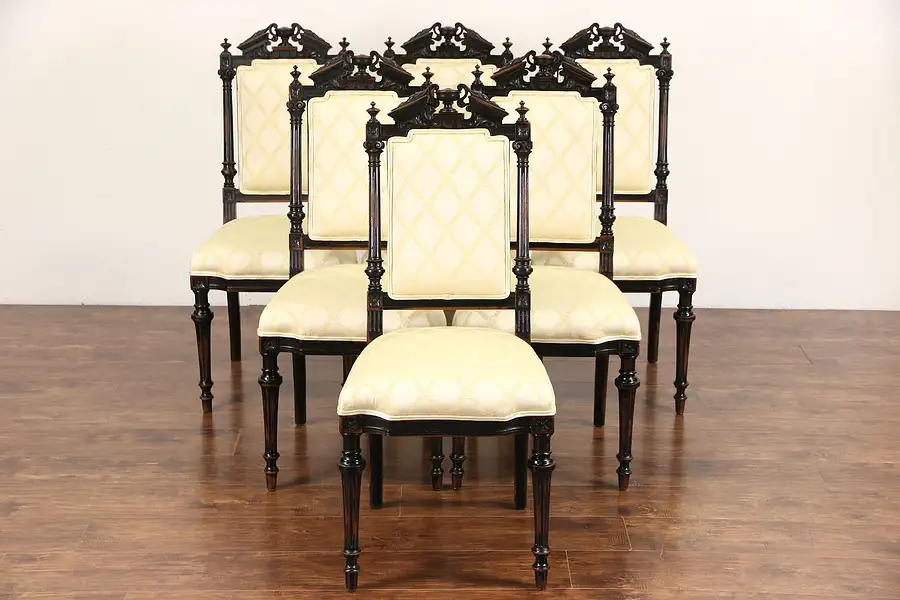 Main image of Set of 6 Victorian Renaissance 1870 Antique Cherry Dining Chairs, New Upholstery