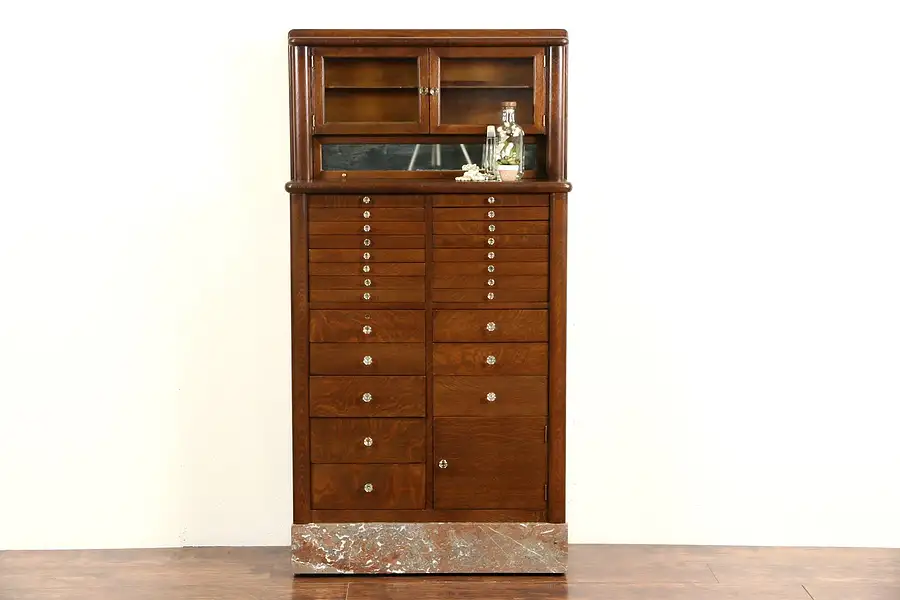 Main image of Dentist Cabinet, 1900 Oak & Marble Dental Antique, Jewelry or Collector, Signed