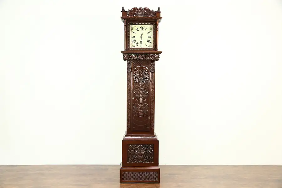 Main image of Mahogany Vintage Long Case Grandfather Clock, Carved Angel, Nut & Fruit Motifs