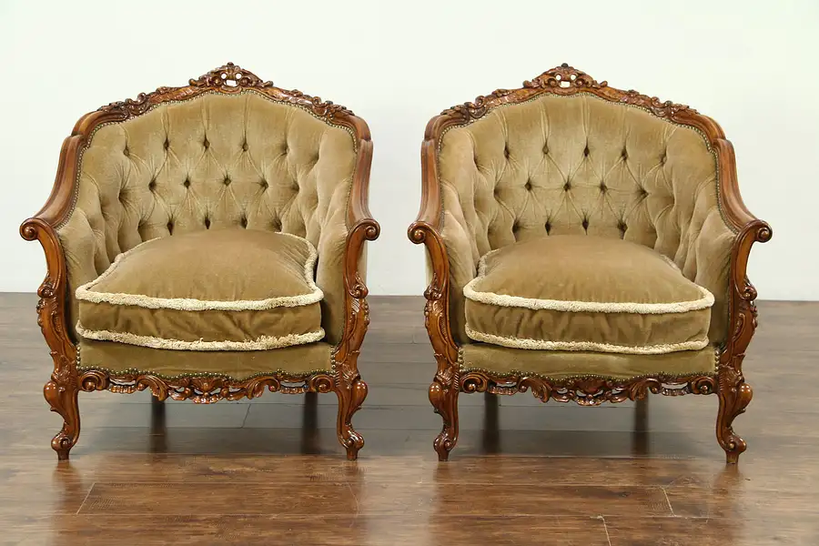 Main image of Pair Carved 1940 Vintage Mohair Tufted Chairs, Down Cushions, Scandinavia