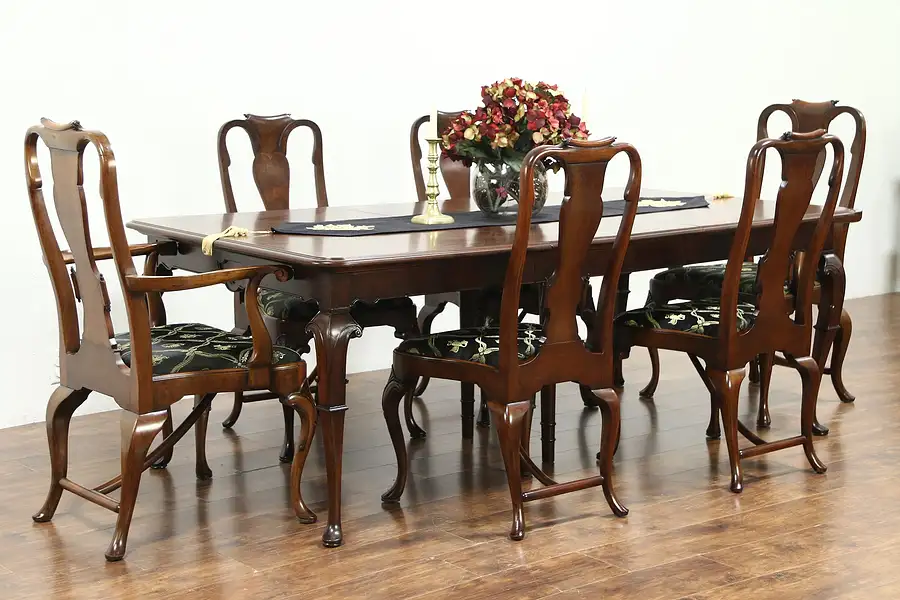 Main image of Carved Antique Walnut Dining Set, 11' Table & 6 Chairs, Signed Tobey