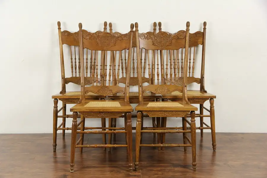Main image of Set of 5 Antique 1900 Oak Pressback Carved Dining Chairs