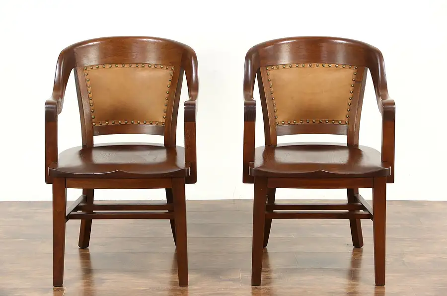 Main image of Pair Antique Banker Library or Office Chairs, Leather, Signed Northwestern