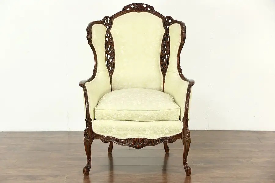 Main image of Carved 1940's Vintage Music & Lady Heads Motif Chair, Down Cushion