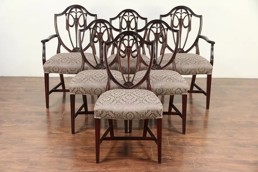Main image of Set of 6 Vintage Shield Back Mahogany Dining Chairs, New Upholstery