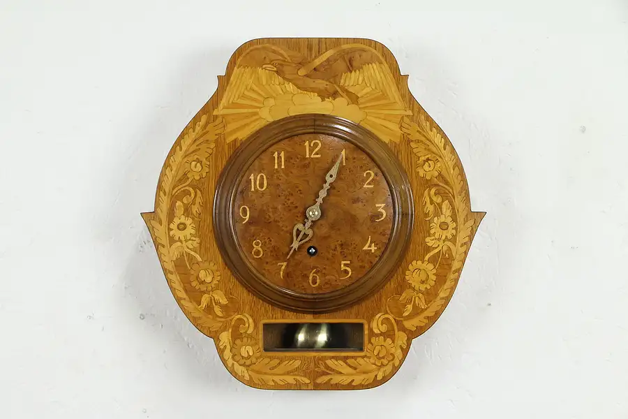 Main image of Swedish Vintage Wall Clock, Bird Marquetry, Signed Mjolby Intarsia