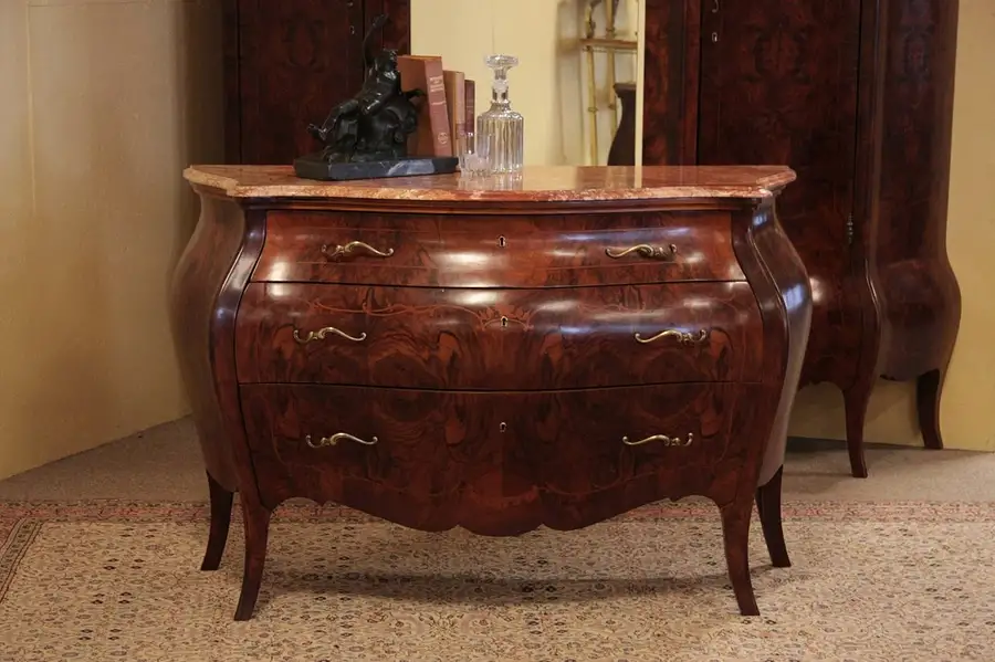 Main image of Bombe Walnut Burl & Rosewood Antique Chest, Dresser