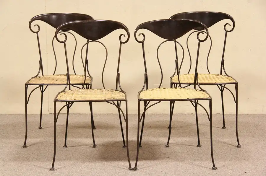 Main image of Set of 4 Iron & Rattan Vintage Dining Chairs