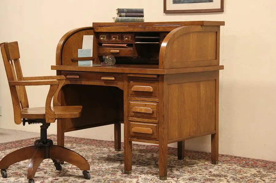 Main image of Roll Top 1910 Antique Quarter Sawn Oak Desk, Brass Feet