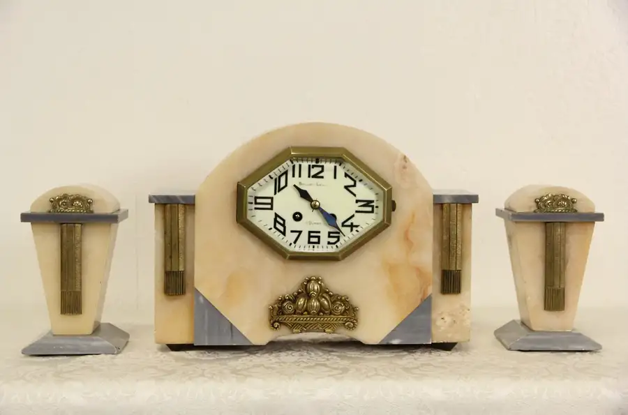 Main image of French Art Deco 1920 Antique Onyx & Marble Mantel Clock Set, 2 Urns