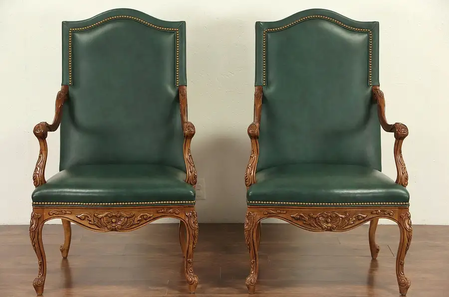 Main image of Pair Hancock and Moore Signed Country French Leather Chairs with Arms
