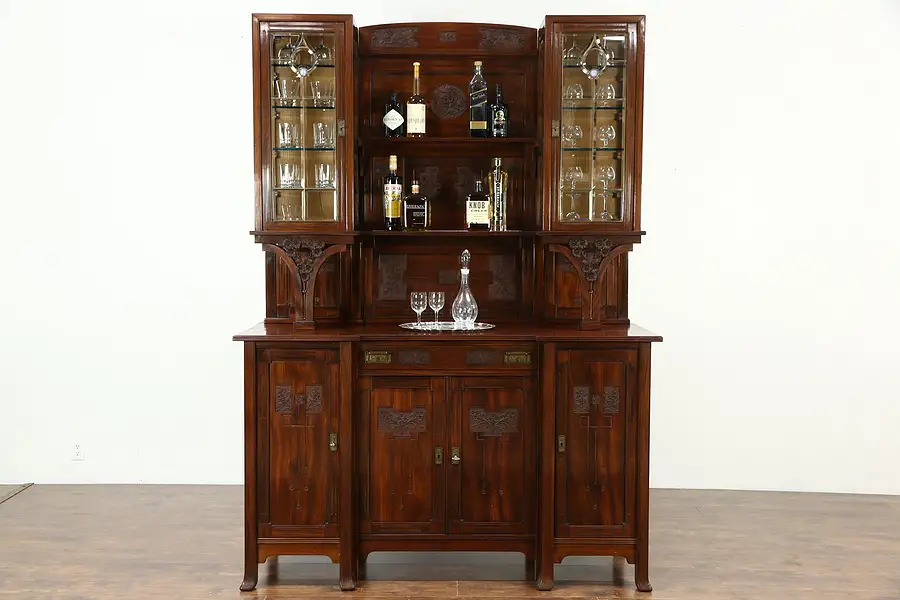 Main image of Italian Antique 1925 Back Bar or Sideboard & China Cabinet, Leaded Glass