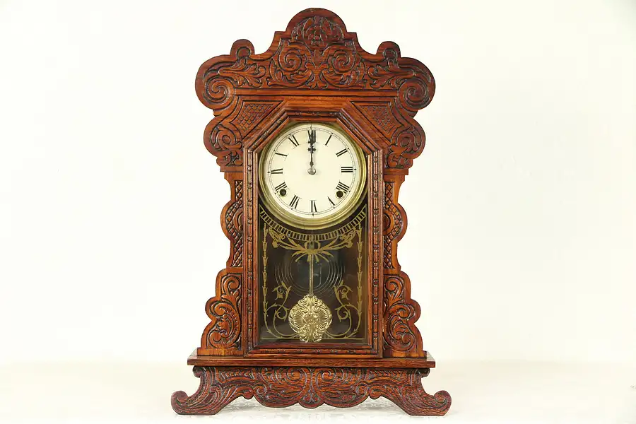 Main image of Victorian 1900 Antique Press Carved Oak Shelf or Mantel Clock