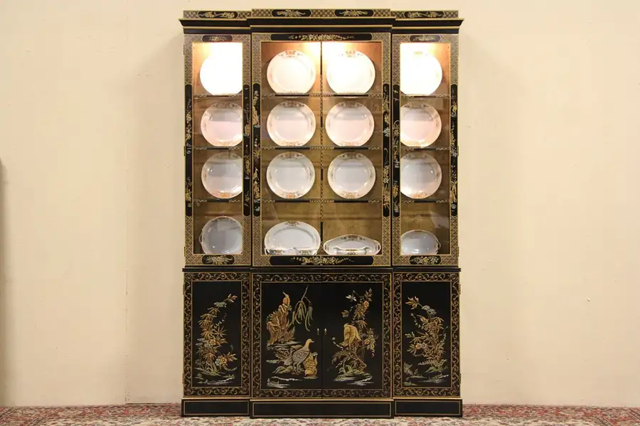 Main image of Drexel Chinoiserie Black Lacquer China Cabinet or Bookcase