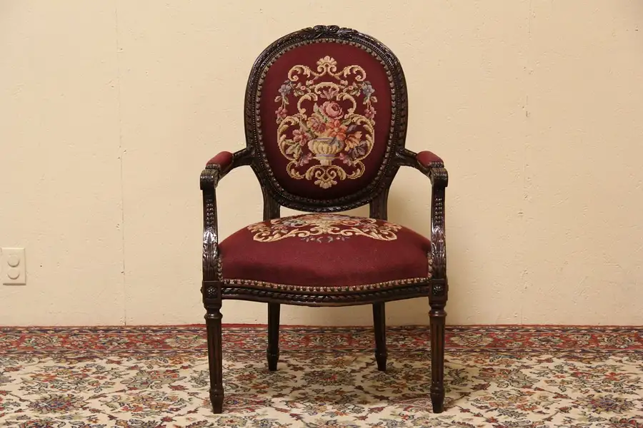 Main image of Carved French 1910 Antique Armchair, Needlepoint Upholstery