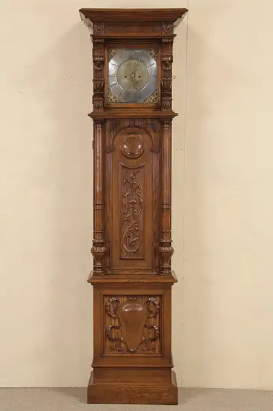 Main image of Oak Carved 1896 Antique Danish Long Case Grandfather Clock