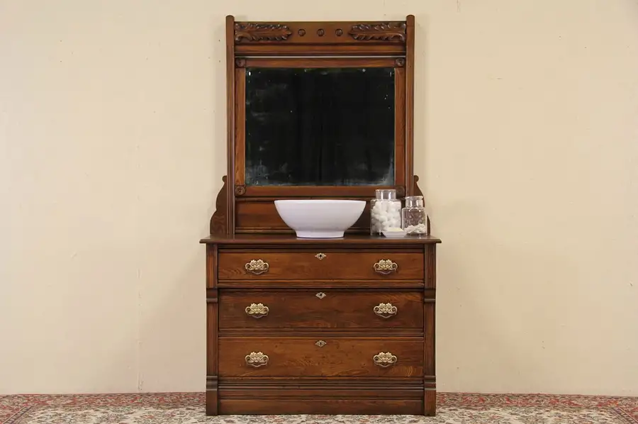 Main image of Victorian Eastlake 1885 Antique Oak Dresser or Vessel Sink Vanity