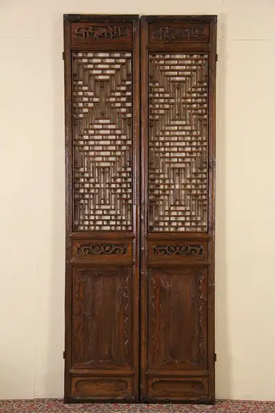 Main image of Pair of Carved Chinese Antique 1900 Architectural Salvage Carved Grillwork Doors