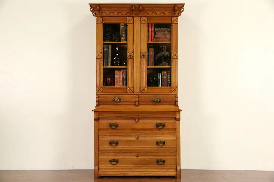 Main image of Victorian Eastlake 1875 Carved China Cabinet, Cupboard or Bookcase Butternut