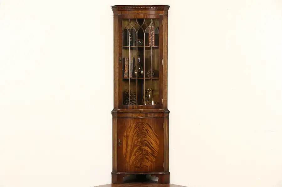 Main image of English Vintage Mahogany Corner Cabinet, Oval Flame Panel Signed Reprodux
