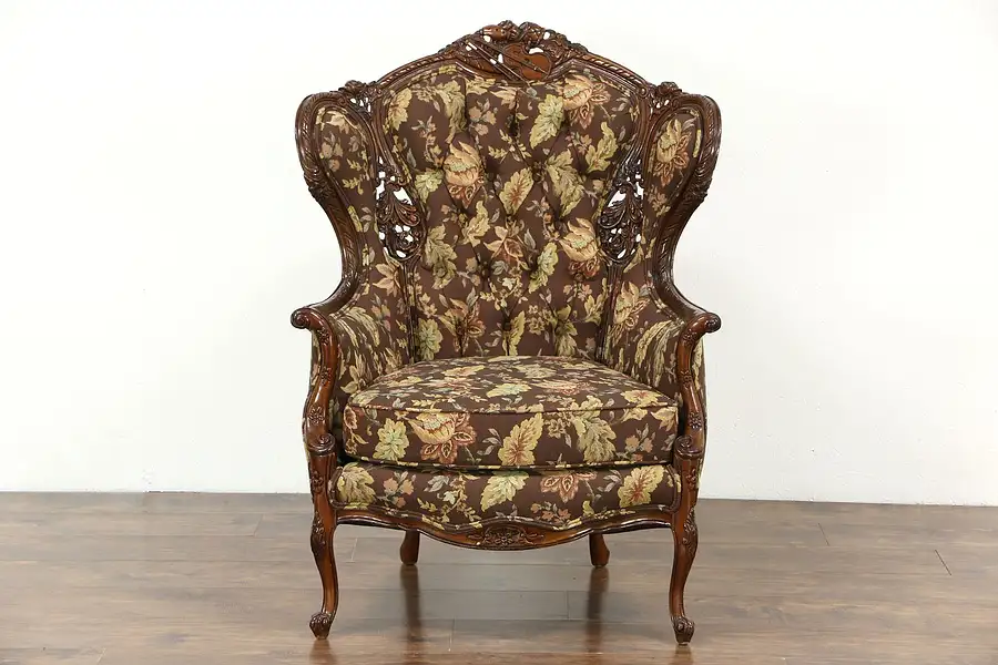 Main image of Music Room 1940's Vintage Wing Chair, Carved Violin & Drum, New Upholstery