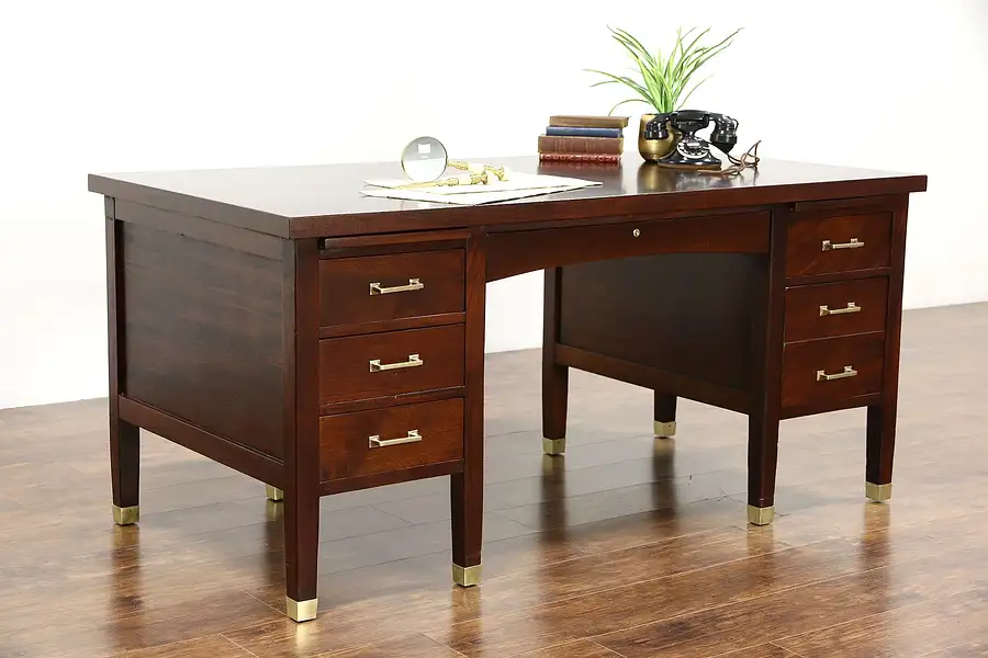 Main image of Mahogany 1915 Antique Executive Desk, File Drawer, Brass Handles & Feet