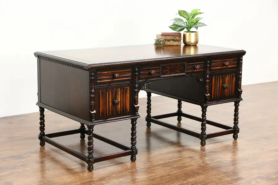 Main image of Renaissance Walnut 1910 Antique Library Desk, Carved Spiral Columns