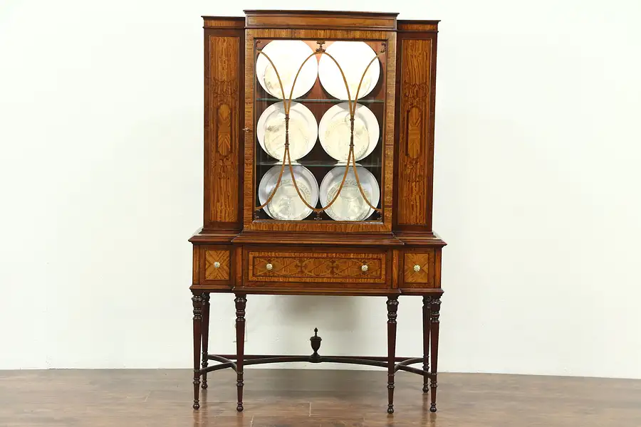 Main image of Marquetry Inlaid Satinwood Antique Hepplewhite China Cabinet, Curved Glass Door