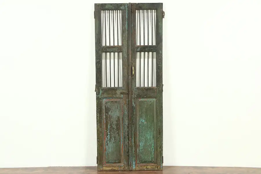 Main image of India Antique Architectural Salvage Pair 14" Green Doors, Iron Bars Wine Cellar