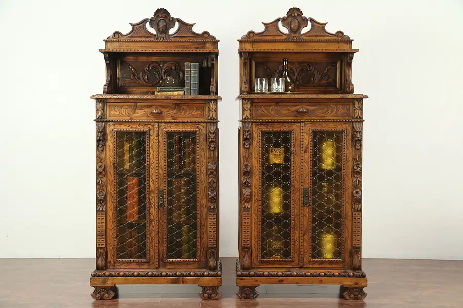 Main image of SINGLE Hand Carved Pine Antique Cabinet, Stained Glass, Italy