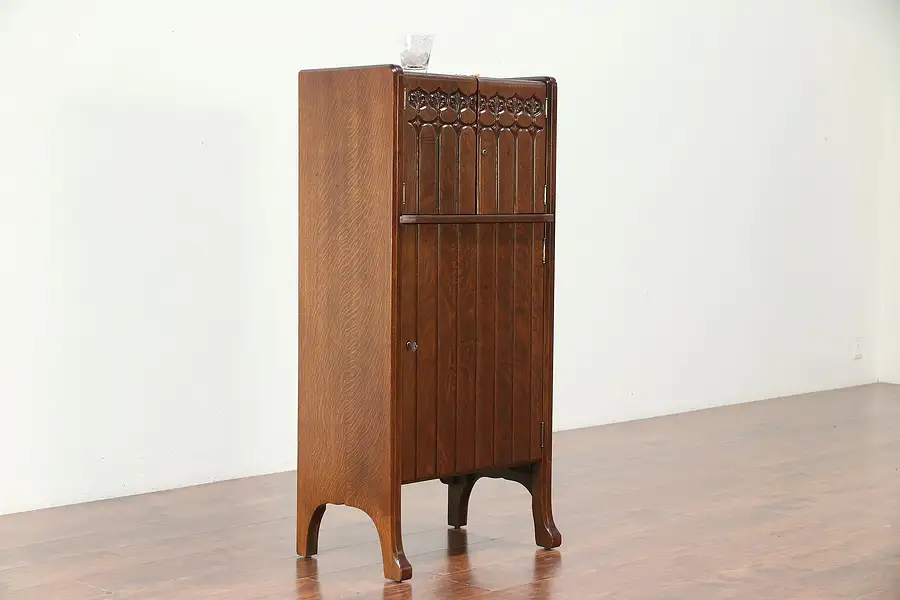 Main image of Oak Craftsman Carved Antique 1900 Bar Cabinet, Copper Shelf
