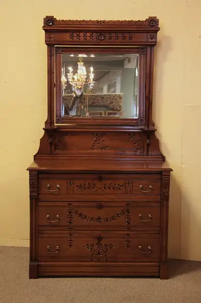 Main image of Victorian Eastlake Dresser & Mirror, Spoon Carved
